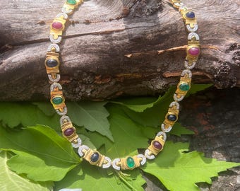 18k Gold Multi Stone Cabochon Choker: Emerald, Ruby & Sapphire, Diamond Accents