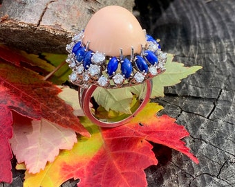 Coral Diamond Ring, Gold and Coral Ring, Coral and Lapis Ring, Coral Statement Ring