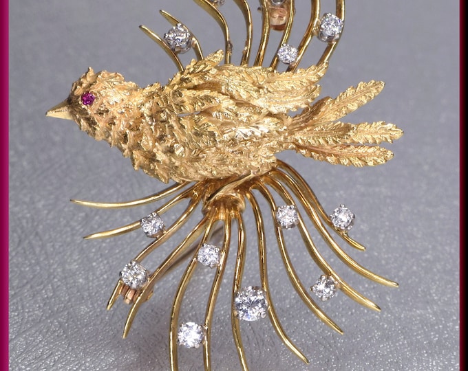 Gold Bird Brooch, Gold Lovebirds Brooch, Lovebirds Brooch, Diamond Brooch, Ruby Brooch, Brooch Bouquet, Bridal Brooch
