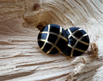 Onyx and Gold Earrings, Onyx Button Earrings