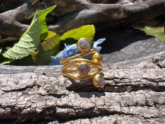 Rose Cut Black Diamond Ring: 24k Yellow Gold Cock… - image 4