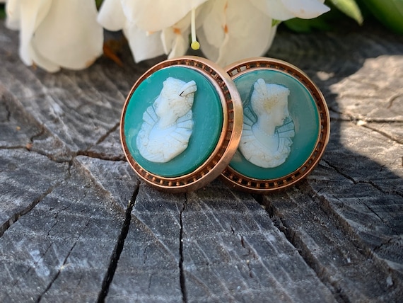 Cameo Cufflinks, Green Agate Cufflinks, Large Cufflinks, Agate Cufflinks, Round Cufflinks, Victorian Cufflink