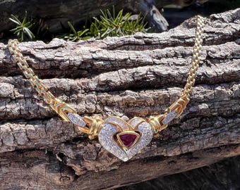 Vintage Ruby Diamond Heart Pendant Necklace, 18k Gold