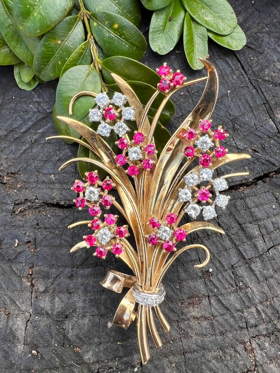 Diamond Flower Brooch, Flower Diamond Pin, Gold Fl