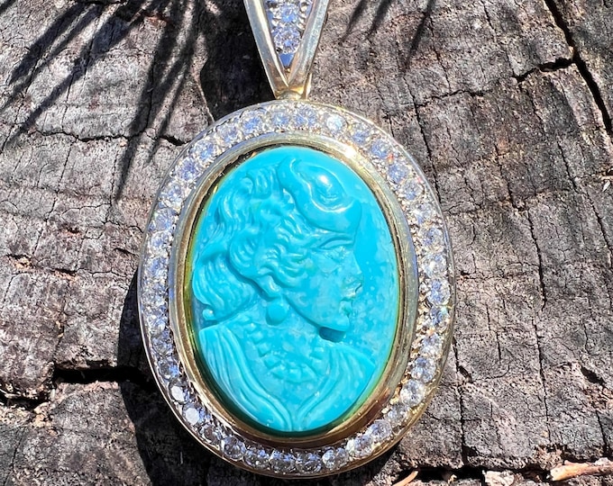 Vintage Turquoise Cameo, Turquoise Cameo, Gold Diamond Cameo, Cameo Pendant, Diamond Cameo