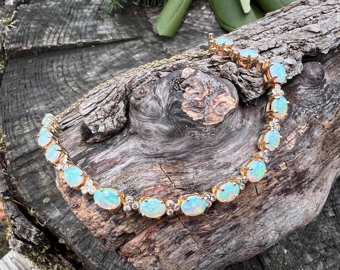 Opal and Diamond Bracelet, Opal Bracelet, Gold Opal Bracelet, October Birthstone