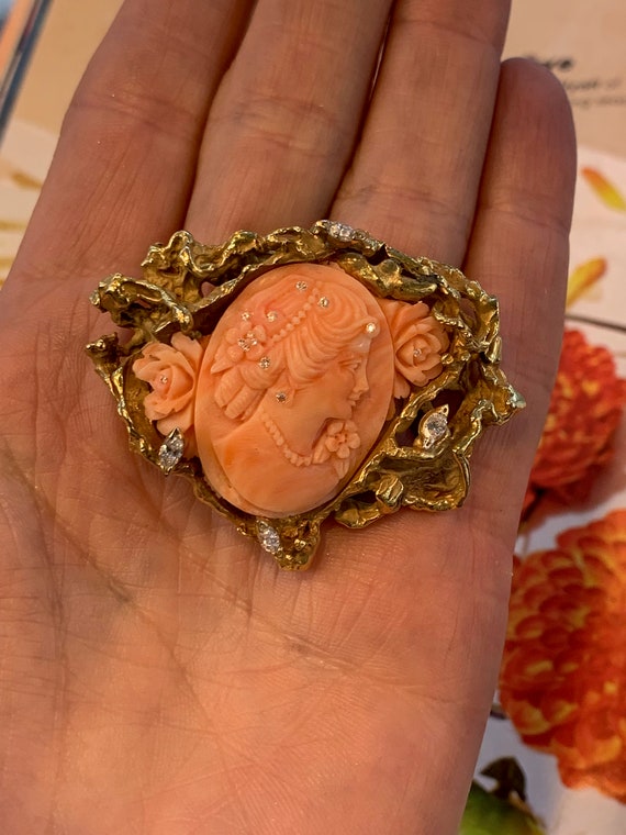 Vintage Coral Cameo, Coral Cameo, Gold Coral Came… - image 6