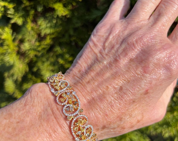 Yellow Diamond Flower Bracelet, Flower Bracelet, Wide Diamond Bangle, Circle Link Wide Bangle, Chunky Gold Bracelet