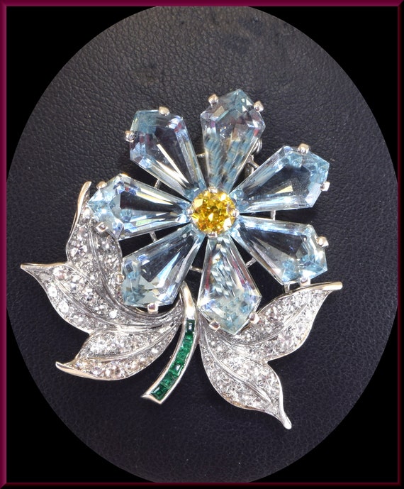Art Deco Brooch, Platinum Flower Brooch, Aquamari… - image 3