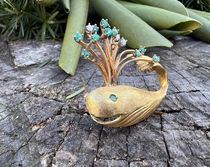 Gold Whale Pin, Emerald Whale Pin, Gold Whale Brooch, Whale Jewelry, Fish Jewelry