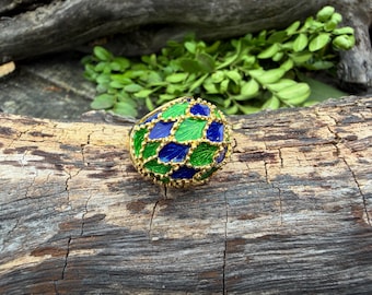 18k Gold Green and Blue Enamel Dome Ring