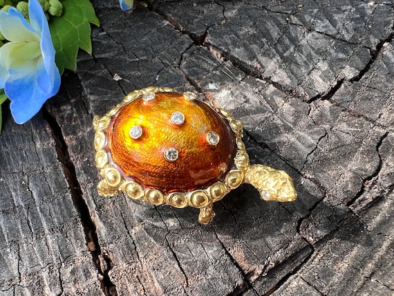 Gold Enamel Turtle Pin, Gold Tortoise, Diamond Turtle Pin, Enamel Turtle Brooch