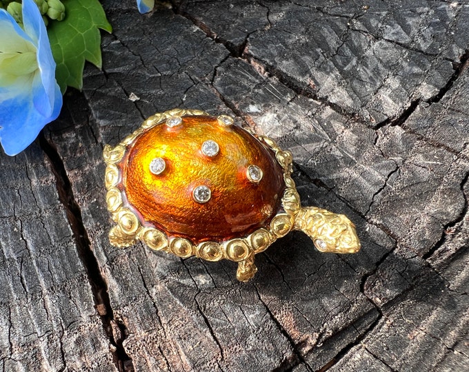 Gold Enamel Turtle Pin, Gold Tortoise, Diamond Turtle Pin, Enamel Turtle Brooch