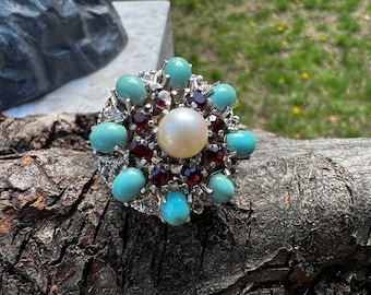 Blue Turquoise Ring, Gold and Turquoise Ring, Turquoise Ring, Turquoise and Garnet Ring, Statement Ring