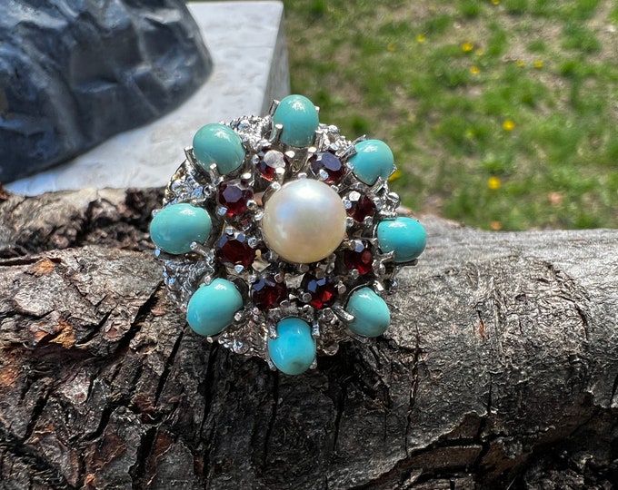 Blue Turquoise Ring, Gold and Turquoise Ring, Turquoise Ring, Turquoise and Garnet Ring, Statement Ring