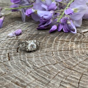 May include: A silver ring with a large, round, clear diamond in the center. The ring is set with smaller diamonds on the band. The ring is resting on a piece of weathered wood with purple flowers in the background.