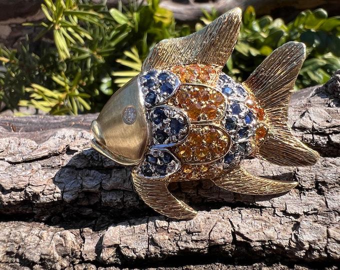 Gold Fish Pin, Sapphire Fish Pin, Gold Fish Brooch, Enamel Fish, Enamel Fish Brooch