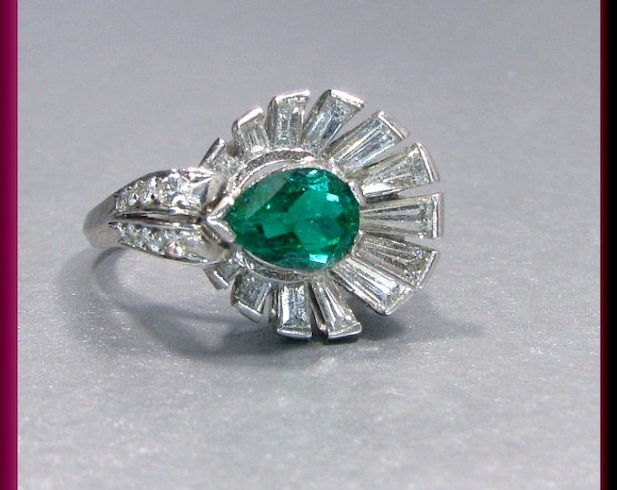 Diamond Cocktail Ring, Vintage Emerald Ring, Retro Emerald Ring, Statement Ring, Platinum Ring