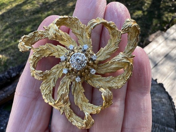 Diamond Flower Brooch, Diamond Spray Pin, Gold Fl… - image 2