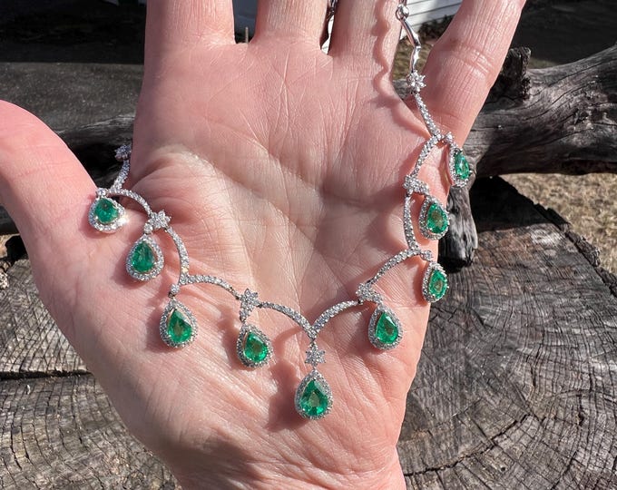 Emerald Necklace, Emerald Chandelier Pendant, Emerald and Diamond Necklace