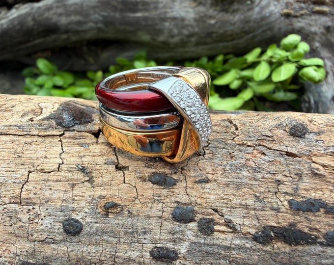 18k Yellow Gold Diamond and Enamel Cigar Band Ring, Wide Chunky Statement Ring