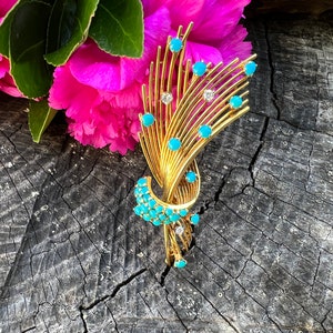 Turquoise Brooch, Gold Leaf Brooch, Turquoise Leaf Pin, Gold Feather Brooch