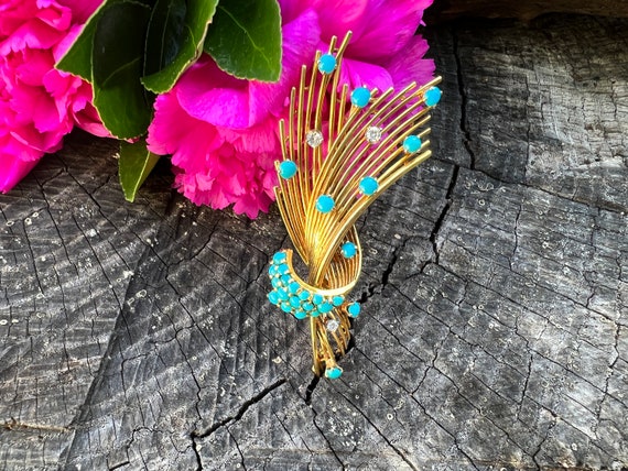 Turquoise Brooch, Gold Leaf Brooch, Turquoise Leaf Pin, Gold Feather Brooch