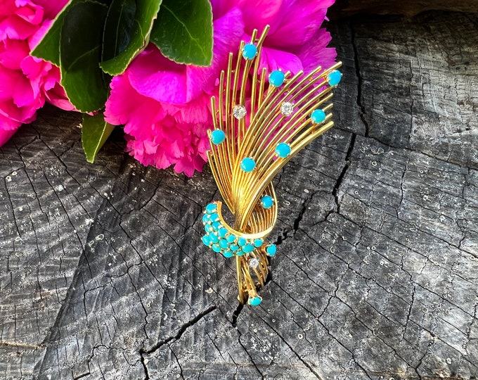 Turquoise Brooch, Gold Leaf Brooch, Turquoise Leaf Pin, Gold Feather Brooch
