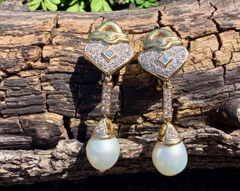 18k Gold South Sea Pearl Diamond Chandelier Earrings, Heart Earrings