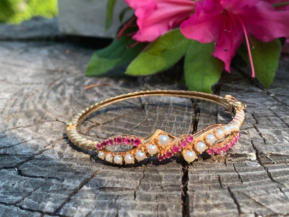 Ruby and Pearl Bangle, Ruby Bracelet, July Births… - image 5