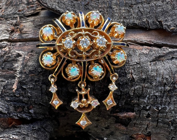 Opal Lavalier, Opal Pendant, Opal and Diamond Brooch, October Birthstone