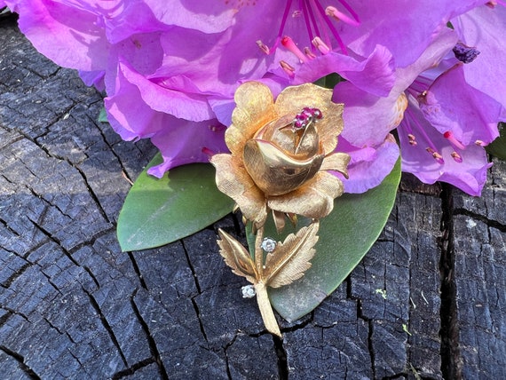 Gold Rose Brooch, Rose Pin, Ruby Rose Pin, Diamon… - image 8