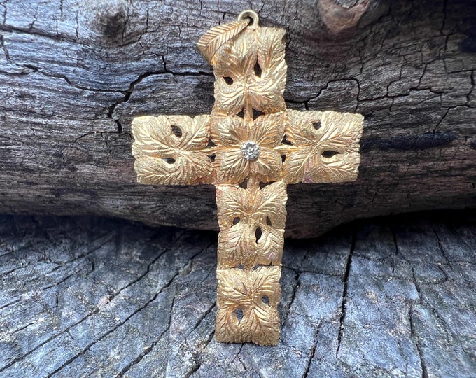 Vintage Gold Cross, Large Gold Cross, Vintage Diamond Cross, Gold Vintage Cross, 18K Gold Cross