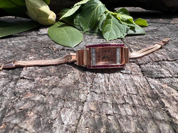 14k Rose Gold Retro Ruby Diamond Watch - Paul Dit… - image 9