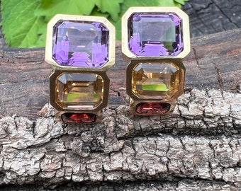 14k Gold Amethyst Citrine Garnet Earrings: Multi Gemstone Dangle Earrings