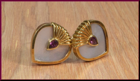 Mother of Pearl Heart Earrings, Yellow Gold Heart… - image 6