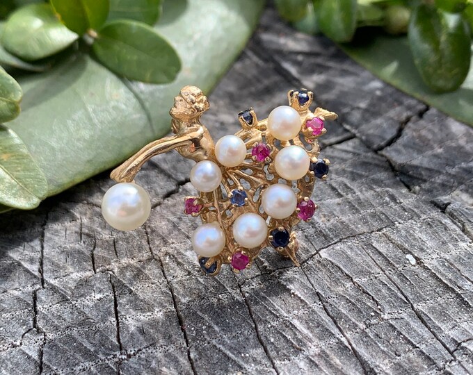 Yellow Gold Ballerina Brooch, Pearl and Ruby Dancer Brooch, Ballerina Pendant, Ballerina Charm, Gift for Her