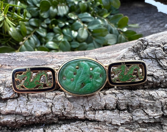 Jade Dragon Brooch , Jade Brooch, Vintage Jade Pin, Gold Jade Brooch