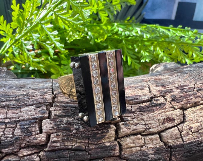 Yellow Gold Onyx and Diamond Ring, Large Onyx Ring, Onyx Statement Ring