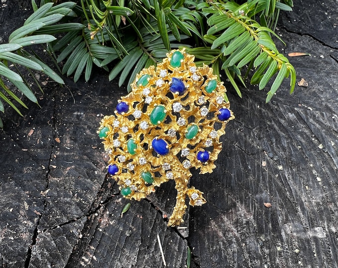 Lapis Flower Brooch, Emerald Flower Pin, Diamond Flower, Gold Flower, Diamond Flower, Floral Brooch, Flower Pin