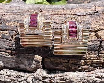 Ruby Square Earrings, Diamond and Ruby Earrings, Ruby Earrings, July  birthstone