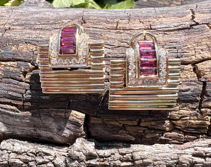 Ruby Square Earrings, Diamond and Ruby Earrings, Ruby Earrings, July  birthstone