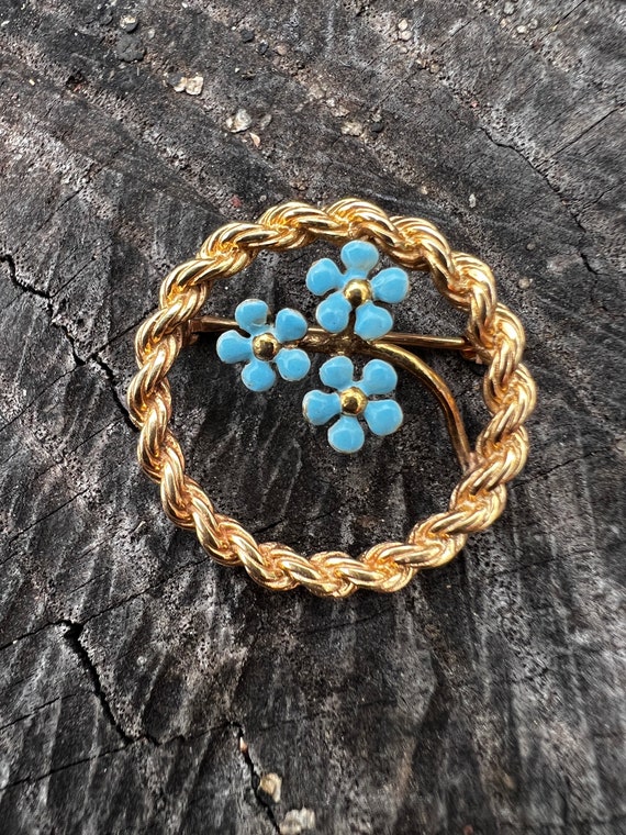 Gold Circle Brooch, Enamel Flower Pin, Blue Enamel