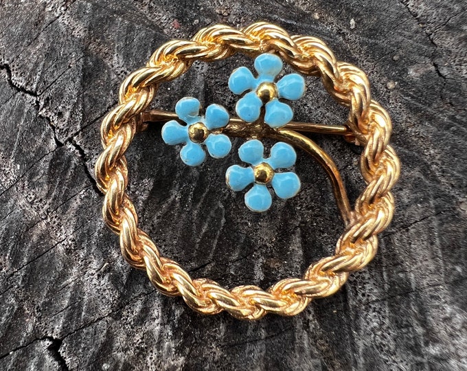 Gold Circle Brooch, Enamel Flower Pin, Blue Enamel Flower