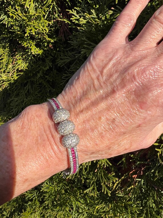 18k White Gold Diamond Ruby Bangle: Vintage Style - image 2