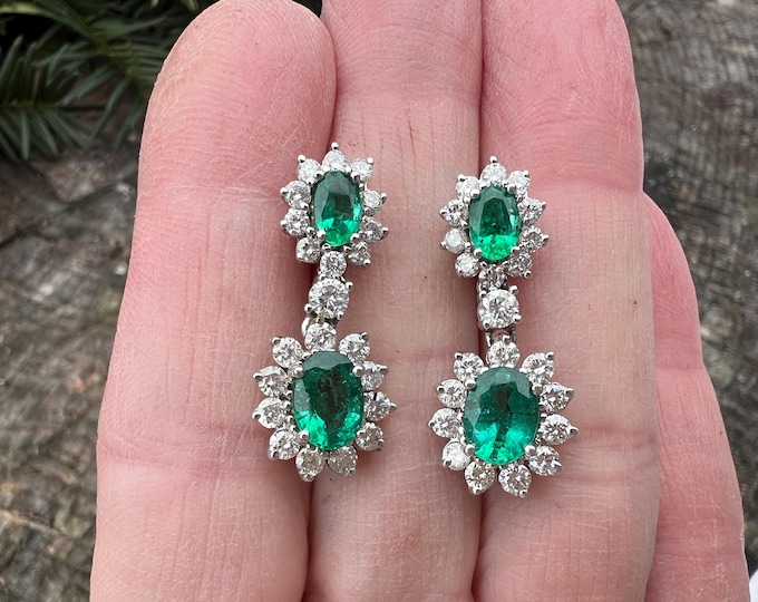 Emerald Dangle Earrings, Emerald and Diamond Earrings, Emerald Earrings