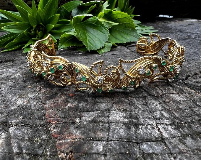 Wide Emerald Bracelet, Diamond Bracelet, Gold Emerald  Bracelet, Emerald and Diamond Bracelet