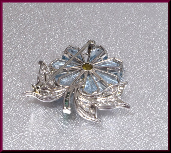 Art Deco Brooch, Platinum Flower Brooch, Aquamari… - image 4