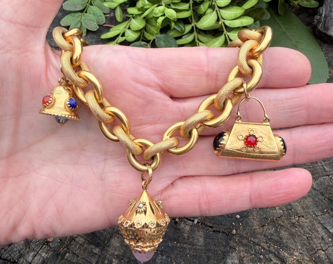 1960s 18K Yellow Gold Multi Stone Charm Bracelet, Purse, Bell, Venetian Charms