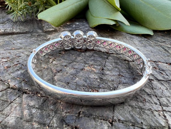 18k White Gold Diamond Ruby Bangle: Vintage Style - image 8